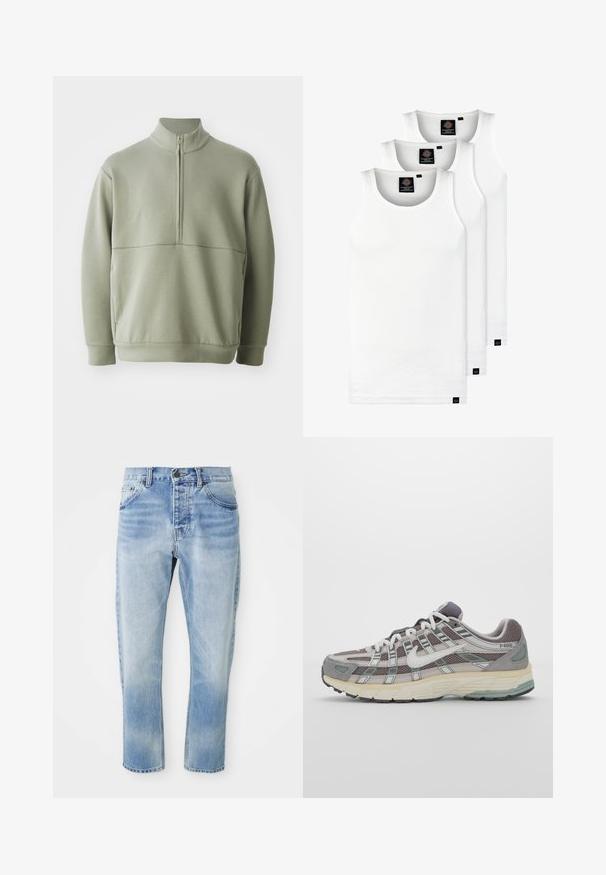 Svetlo zeleni pulover z dolgimi rokavi, visokim ovratnikom in polnim zadrgo. Mehak material z vodoravno šivano podrobnostjo čez prsi.; Tri bele rebraste majice brez rokavov iz bombaža. Imajo okroglo izreza in majhne črne etikete blizu roba. Na voljo v več velikostih.; Svetlo modri džins hlače s ravnim krojem, ki vključujejo dve sprednji žepek, en zadnji žep in gumb zapiranje na pasu.; Sive športne čevlje z zgornjim delom iz mrežastega in semiš materiala, belimi akcenti, oblazinjenim podplatom ter edinstvenim dizajnom z odsevnimi elementi.