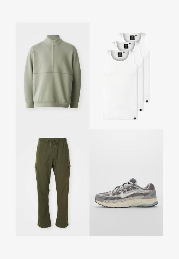 Hellgrüner Pulli mit langen Ärmeln, hohem Kragen und halbem Reißverschluss. Weiche Textur mit einer horizontalen Nahtdetails über der Brust.; Drei weiße, gerippte Tanktops aus Baumwolle. Merkmale einen Rundhalsausschnitt und kleine schwarze Etiketten am Saum. In mehreren Größen erhältlich.; Olivengrüne Cargo-Hosen mit Gummibund, Kordelzug und Seitentaschen. Der Stoff wirkt weich mit einer glatten Textur.; Grauer Sportschuh mit einem Obermaterial aus Mesh und Wildleder, weißen Akzenten, einer gepolsterten Sohle und einem charakteristischen Design mit reflektierenden Elementen.
