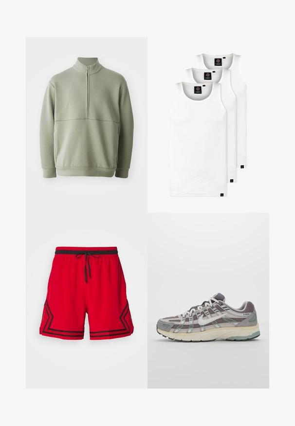 Heledad rohelise, pika varrukaga kootud särk kõrge kraega ja pooltaskuga. Pehme tekstuur, millel on horisontaalne õmbluse detail rinnaosas.; Kolm valget ribaga t-särki, mis on valmistatud puuvillast. Omavad ümmargust kaelanõhku ja väikseid musti silte hemme lähedal. Saadaval erinevates suurustes.; Punased lühikesed püksid musta elastse vöökoha ja nööriga. Omavad musta triibulist kujundust ja logo vasakul küljel. Valmistatud kerge kangaga.; Hallus hallitus jalanõud, millel on võrgust ja sametist ülemine osa, valged rõhutused, pehme tald ning eristuv disain peegelduvate elementidega.