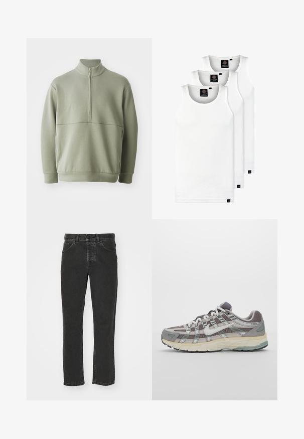 Vaaleanvihreä pitkähihainen neulepusero, jossa on korkea kaulus ja puoli vetoketju. Pehmeä pinta ja vaakasuora sauman yksityiskohta rinnassa.; Kolme valkoista ribbitekstiilistä toppia, jotka on valmistettu puuvillasta. Ominaisuuksiin kuuluu pyöreä pääntie ja pieni musta etiketti helman lähellä. Saatavilla useissa kooissa.; Musta farkkutakki suoran lahkeet muotoilulla, klassinen viisi-tasku tyyli, nappikiinnitys vyötäröllä ja haalistunut viimeistely. Sileä pinta, ei näkyviä kuvioita.; Harmaa urheilukenkä, jossa on verkko- ja mokkanahkainen yläosa, valkoiset yksityiskohdat, pehmustettu pohja ja erottuva muotoilu heijastavilla elementeillä.