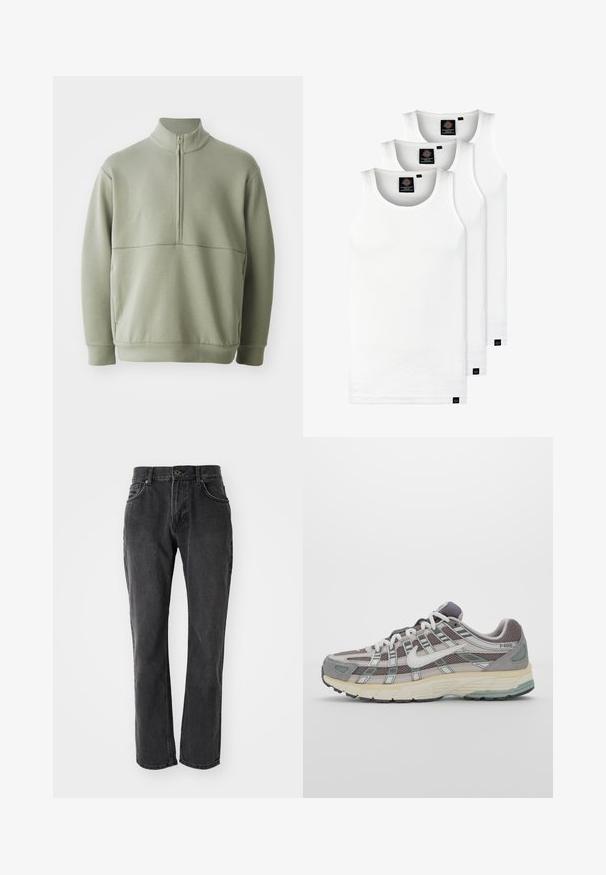 Jasnozielony, długi sweter z długim rękawem, o wysokim kołnierzu i pół-zamkiem. Miękka tekstura z poziomym szwem na wysokości klatki piersiowej.; Trzy białe prążkowane koszulki na ramiączkach wykonane z bawełny. Posiadają okrągły dekolt i małe czarne metki blisko dolnego brzegu. Dostępne w różnych rozmiarach.; Czarne dżinsy z prostym krojem, z pięcioma kieszeniami, z zapięciem na guzik oraz przeszyciami wzdłuż szwów i kieszeni.; Szare buty sportowe z siateczkowym i zamszowym wierzchem, białymi akcentami, amortyzowaną podeszwą oraz charakterystycznym designem z elementami odblaskowymi.
