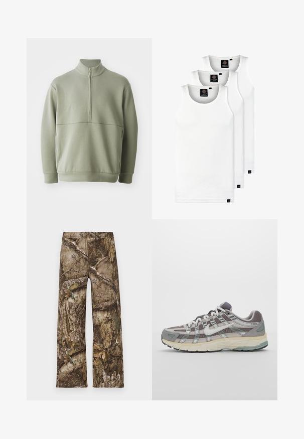 Jasnozielony, długi sweter z długim rękawem, o wysokim kołnierzu i pół-zamkiem. Miękka tekstura z poziomym szwem na wysokości klatki piersiowej.; Trzy białe prążkowane koszulki na ramiączkach wykonane z bawełny. Posiadają okrągły dekolt i małe czarne metki blisko dolnego brzegu. Dostępne w różnych rozmiarach.; Spodnie w kamuflażu w kolorze brązowym, z szerokimi nogawkami i elastycznym pasem. Materiał przypomina teksturową korę drzewa z akcentami liści.; Szare buty sportowe z siateczkowym i zamszowym wierzchem, białymi akcentami, amortyzowaną podeszwą oraz charakterystycznym designem z elementami odblaskowymi.