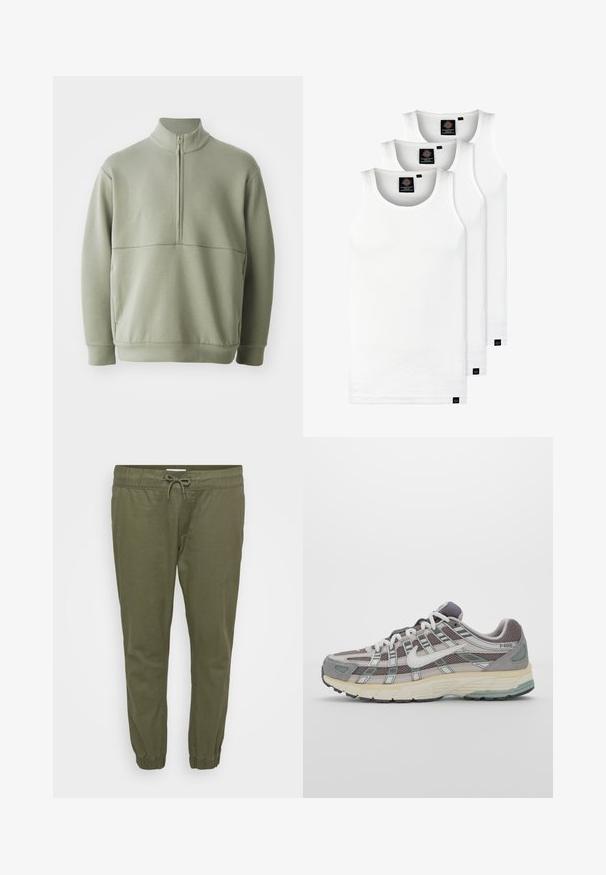 Light green, long-sleeve pullover with a high collar and half zipper. Soft texture with a horizontal seam detail across the chest.; Three white ribbed tank tops made of cotton. Features a crew neck and small black labels near the hem. Available in multiple sizes.; Olive green, lightweight tapered pants with an elastic waistband, adjustable drawstring, and elastic cuffs at the ankles. Smooth texture.; Gray athletic shoe featuring a mesh and suede upper, white accents, a cushioned sole, and a distinctive design with reflective elements.