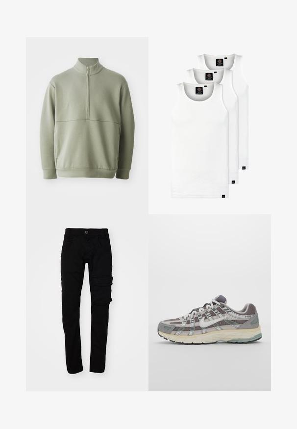 Gaiši zaļš, garām piedurknēm, džemperis ar augstu apkakli un pusi rāvējslēdzēju. Mīksta tekstūra ar horizontālu šuvju detaļu krūšu rajonā.; Trīs baltas ribotas krūšturi, kas izgatavoti no kokvilnas. Iezīmēti ar apaļu kakla izgriezumu un maziem melniem etiķetēm tuvu apakšmalai. Pieejami vairākos izmēros.; Melnas cargo bikses ar pieguļošu griezumu, izgatavotas no izturīga kokvilnas auduma. Iezīmē vairākas kabatas un pogu aizdari viduklī.; Pelēkie sporta apavi ar tīkla un zamša augšdaļu, baltiem akcentiem, mīkstinātu zoli un izcilu dizainu ar atstarotājiem.