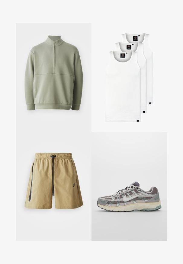 Light green, long-sleeve pullover with a high collar and half zipper. Soft texture with a horizontal seam detail across the chest.; Three white ribbed tank tops made of cotton. Features a crew neck and small black labels near the hem. Available in multiple sizes.; Light brown shorts made of lightweight fabric, featuring an elastic waistband with drawstring, side pockets, and a subtle logo detail.; Gray athletic shoe featuring a mesh and suede upper, white accents, a cushioned sole, and a distinctive design with reflective elements.