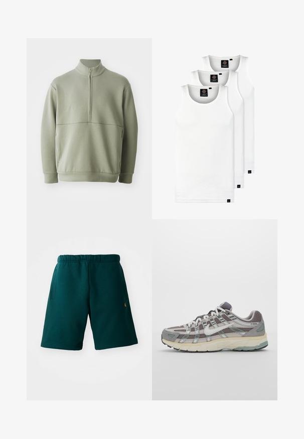 Svetlozelený, dlhý rukáv pulóver s vysokým golierom a polovičným zipsom. Mäkká textúra s horizontálnym švom cez hruď.; Tri biele rebrované tielka vyrobené z bavlny. Majú okrúhly výstrih a malé čierne štítky pri leme. Dostupné v rôznych veľkostiach.; Tmavozelené bavlnené kraťasy s elastickým pásom, bočnými vreckami a malým logom na dolnej strane. Hladká textúra a dĺžka po kolená.; Šedá športová obuv so zvrškom z nylonu a semišu, bielymi akcentmi, polstrovanou podrážkou a jedinečným dizajnom s reflexnými prvkami.