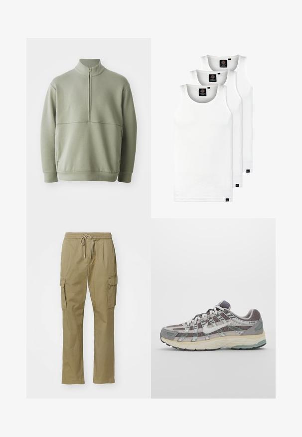 Lys grønn, langermet genser med høy krage og halv glidelås. Myk tekstur med horisontal sømdetalj over brystet.; Tre hvite ribbestrikkede tank topper laget av bomull. Har en rund hals og små svarte etiketter nær kanten. Tilgjengelig i flere størrelser.; Khaki cargo bukser laget av myk stoff, med elastisk midjebånd og snor, to sidelommer og rett ben-design.; Grå treningssko med overdel i nett og semsket skinn, hvite detaljer, en polstret såle, og et særpreget design med reflekterende elementer.