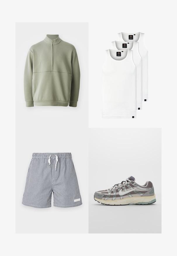 Pull vert clair à manches longues avec un col montant et une fermeture éclair mi-longue. Texture douce avec un détail de couture horizontale sur la poitrine.; Trois débardeurs blancs côtelés en coton. Présentent un col rond et de petites étiquettes noires près de l'ourlet. Disponibles en plusieurs tailles.; Shorts de bain rayés en bleu marine et blanc. Fabriqués en matériau léger avec une taille élastique, un système de fermeture à cordon et des poches latérales.; Chaussure de sport grise avec une tige en mesh et en daim, accents blancs, semelle rembourrée et un design distinctif avec des éléments réfléchissants.