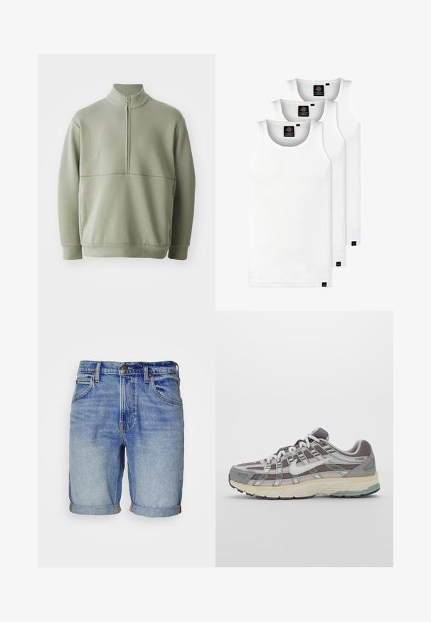 Světlá zelená mikina s dlouhým rukávem, vysokým límečkem a půlzipem. Měkká textura s horizontálním švem přes hruď.; Tři bílé žebrované tílka vyrobené z bavlny. Mají kulatý výstřih a malé černé štítky poblíž lemu. Dostupné v několika velikostech.; Světle modré denimové šortky s ohrnutými lemy, pěti kapsami a viditelným prošitím. Mají kovový knoflík a zipové zapínání vpředu.; Šedá sportovní obuv s vrchní částí z mikrovlákna a semiše, bílými akcenty, polstrovanou podrážkou a jedinečným designem s reflexními prvky.
