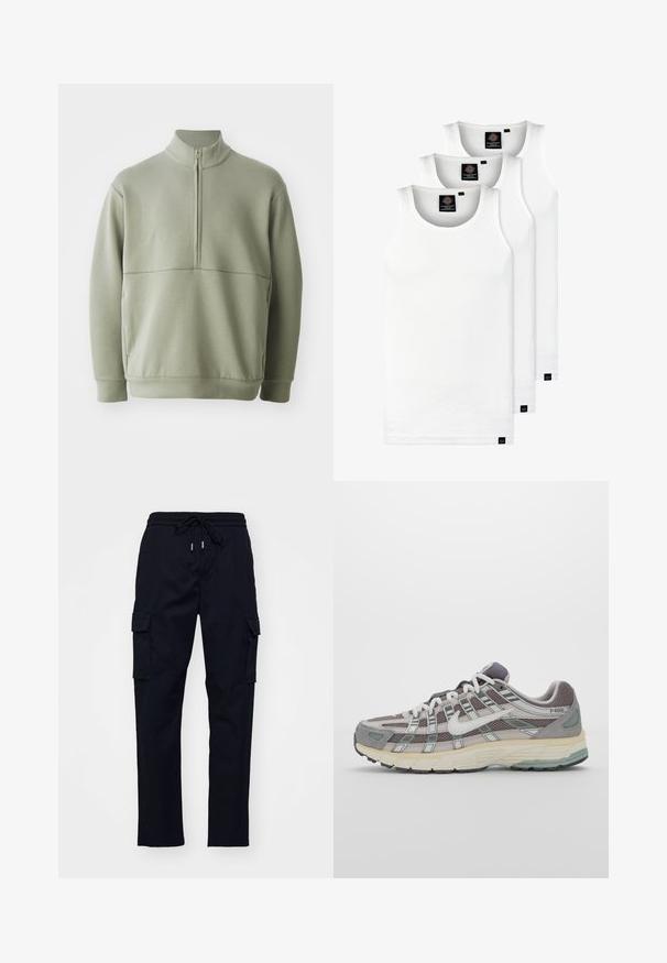 Svetlo zeleni pulover z dolgimi rokavi, visokim ovratnikom in polnim zadrgo. Mehak material z vodoravno šivano podrobnostjo čez prsi.; Tri bele rebraste majice brez rokavov iz bombaža. Imajo okroglo izreza in majhne črne etikete blizu roba. Na voljo v več velikostih.; Črne cargo hLAče z elastičnim pasom, vrvico in dvema stranskima žepoma. Gladka tkanina z obliko noga z manšeto.; Sive športne čevlje z zgornjim delom iz mrežastega in semiš materiala, belimi akcenti, oblazinjenim podplatom ter edinstvenim dizajnom z odsevnimi elementi.