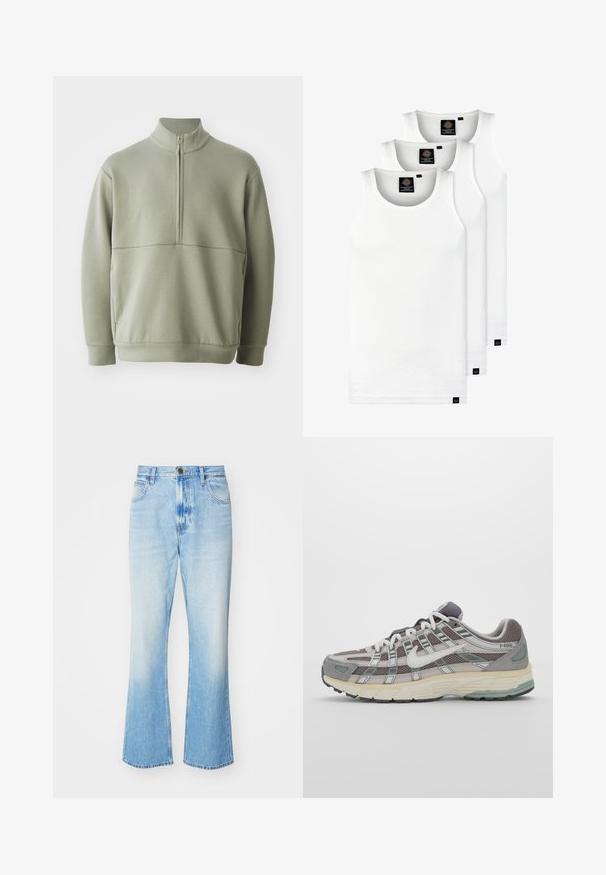 Pullover verde chiaro a maniche lunghe con colletto alto e mezza cerniera. Texture morbida con un dettaglio a cucitura orizzontale sulla parte anteriore.; Tre canotte bianche a coste in cotone. Presentano un colletto rotondo e piccole etichette nere vicino all'orlo. Disponibile in diverse taglie.; Jeans in denim azzurro chiaro a gamba ampia con una finitura sbiadita, dotati di vita media, design a cinque tasche e chiusura con bottone metallico.; Scarpa sportiva grigia con tomaia in mesh e suede, dettagli bianchi, suola ammortizzata e un design distintivo con elementi riflettenti.