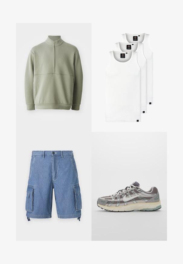 Pull vert clair à manches longues avec un col montant et une fermeture éclair mi-longue. Texture douce avec un détail de couture horizontale sur la poitrine.; Trois débardeurs blancs côtelés en coton. Présentent un col rond et de petites étiquettes noires près de l'ourlet. Disponibles en plusieurs tailles.; Shorts cargo en denim bleu avec une fermeture à bouton, deux poches avant et deux grandes poches latérales à rabat. Comprend des cordons de serrage réglables à l'ourlet.; Chaussure de sport grise avec une tige en mesh et en daim, accents blancs, semelle rembourrée et un design distinctif avec des éléments réfléchissants.