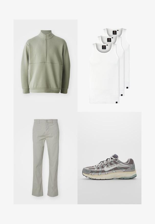 Gaiši zaļš, garām piedurknēm, džemperis ar augstu apkakli un pusi rāvējslēdzēju. Mīksta tekstūra ar horizontālu šuvju detaļu krūšu rajonā.; Trīs baltas ribotas krūšturi, kas izgatavoti no kokvilnas. Iezīmēti ar apaļu kakla izgriezumu un maziem melniem etiķetēm tuvu apakšmalai. Pieejami vairākos izmēros.; Gaiši pelēki kokvilnas chinos ar taisnu kāju dizainu, ar rāvējslēdzēju un pogu aizdari, kā arī priekšējām kabatām. Gluda tekstūra ar apdari gar malām.; Pelēkie sporta apavi ar tīkla un zamša augšdaļu, baltiem akcentiem, mīkstinātu zoli un izcilu dizainu ar atstarotājiem.