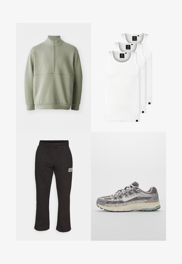 Jasnozielony, długi sweter z długim rękawem, o wysokim kołnierzu i pół-zamkiem. Miękka tekstura z poziomym szwem na wysokości klatki piersiowej.; Trzy białe prążkowane koszulki na ramiączkach wykonane z bawełny. Posiadają okrągły dekolt i małe czarne metki blisko dolnego brzegu. Dostępne w różnych rozmiarach.; Czarne dresy wykonane z miękkiego materiału, o luźnym kroju, z elastycznym pasem i nadrukowanym logo z boku.; Szare buty sportowe z siateczkowym i zamszowym wierzchem, białymi akcentami, amortyzowaną podeszwą oraz charakterystycznym designem z elementami odblaskowymi.