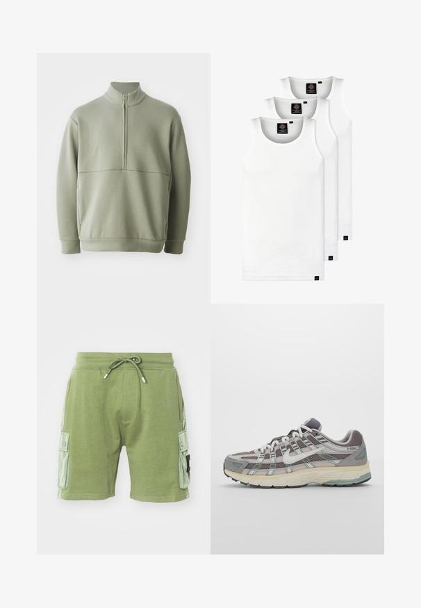 Gaiši zaļš, garām piedurknēm, džemperis ar augstu apkakli un pusi rāvējslēdzēju. Mīksta tekstūra ar horizontālu šuvju detaļu krūšu rajonā.; Trīs baltas ribotas krūšturi, kas izgatavoti no kokvilnas. Iezīmēti ar apaļu kakla izgriezumu un maziem melniem etiķetēm tuvu apakšmalai. Pieejami vairākos izmēros.; Zaļi kokvilnas šorti ar elastīgu jostu un auklu. Iespējas divas sānu kabatas un strukturēti paneļu akcenti sānos.; Pelēkie sporta apavi ar tīkla un zamša augšdaļu, baltiem akcentiem, mīkstinātu zoli un izcilu dizainu ar atstarotājiem.