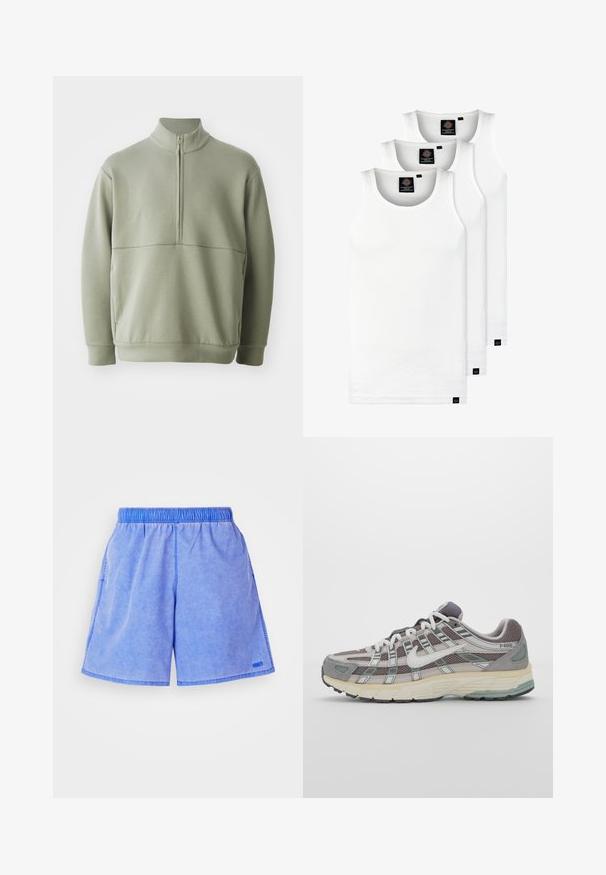 Ljusgrön, långärmad tröja med hög krage och halvmått. Mjuk textur med en horisontell sömdetalj över bröstet.; Tre vita ribbade linnen i bomull. Har rund halsringning och små svarta etiketter vid fållen. Finns i flera storlekar.; Ljusblå shorts med resårmidja, sidofickor och en liten logodetalj. Tyget verkar mjukt med en subtil textur.; Grå atletiska sko med en överdel av mesh och mocka, vita accenter, en vadderad sula och en unik design med reflekterande element.