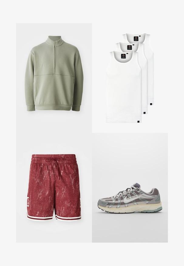 Pull vert clair à manches longues avec un col montant et une fermeture éclair mi-longue. Texture douce avec un détail de couture horizontale sur la poitrine.; Trois débardeurs blancs côtelés en coton. Présentent un col rond et de petites étiquettes noires près de l'ourlet. Disponibles en plusieurs tailles.; Shorts en maille rouge avec un motif texturé, des accents blancs et une taille avec cordon de serrage. Présente des poches latérales et un logo sur la jambe gauche.; Chaussure de sport grise avec une tige en mesh et en daim, accents blancs, semelle rembourrée et un design distinctif avec des éléments réfléchissants.