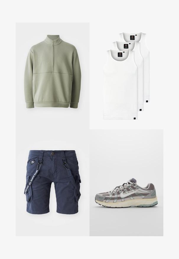 Világos zöld, hosszú ujjú pulóver magas gallérral és fél cipzárral. Puha tapintású, a mellkas fölött vízszintes varrási részlettel.; Három fehér csíkos pamut trikó. Felső része kerek nyakkivágású, és a szegély közelében kis fekete címkék találhatók. Több méretben elérhető.; Tengerészkék vászontáska rövidnadrág, pamut keverék anyagból készült, több zsebbel, állítható pántokkal és szőtt címkével, amely szöveges díszítést tartalmaz.; Szürke sportcipő, hálós és velúr felsőrésszel, fehér részletekkel, párnázott talppal és jellegzetes dizájnnal, amely visszaverő elemeket tartalmaz.