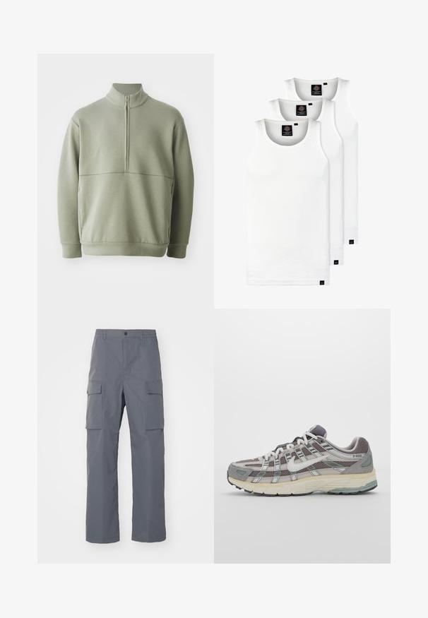 Pullover verde claro de mangas longas com colarinho alto e fecho de correr de meio comprimento. Textura suave com um detalhe de costura horizontal na zona do peito.; Três tops em algodão de alças brancas com nervuras. Apresentam um decote redondo e pequenas etiquetas pretas perto da bainha. Disponíveis em vários tamanhos.; Calças cargo cinzentas feitas de tecido durável. As características incluem um cós elástico, dois grandes bolsos laterais e um corte reto.; Sapatilha atlética cinza com parte superior em malha e camurça, detalhes brancos, sola acolchoada e um design distinto com elementos refletivos.