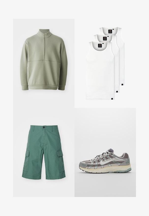 Light green, long-sleeve pullover with a high collar and half zipper. Soft texture with a horizontal seam detail across the chest.; Three white ribbed tank tops made of cotton. Features a crew neck and small black labels near the hem. Available in multiple sizes.; Green cargo shorts made from textured fabric, featuring two side pockets and a front button closure. Ends above the knee with stitched hem.; Gray athletic shoe featuring a mesh and suede upper, white accents, a cushioned sole, and a distinctive design with reflective elements.
