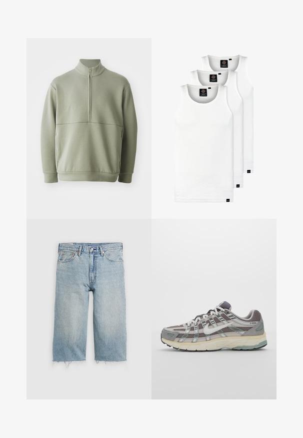 Svetlo zeleni pulover z dolgimi rokavi, visokim ovratnikom in polnim zadrgo. Mehak material z vodoravno šivano podrobnostjo čez prsi.; Tri bele rebraste majice brez rokavov iz bombaža. Imajo okroglo izreza in majhne črne etikete blizu roba. Na voljo v več velikostih.; Svetlo modri jeans kratki hlače z ravnim krojem, raztrgano robom, petimi žepi in gumbom za zapiranje v pasu.; Sive športne čevlje z zgornjim delom iz mrežastega in semiš materiala, belimi akcenti, oblazinjenim podplatom ter edinstvenim dizajnom z odsevnimi elementi.