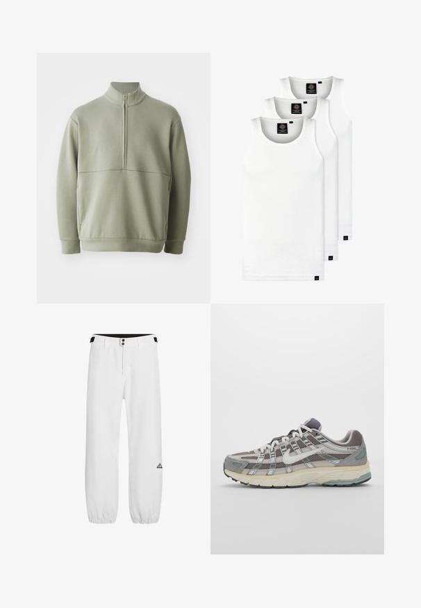 Lichtgroene, langslijve pullover met een hoge kraag en een halve rits. Zachte textuur met een horizontale naaddetails over de borst.; Drie witte geribde tanktops van katoen. Kenmerken zijn een ronde hals en kleine zwarte labels nabij de zoom. Verkrijgbaar in meerdere maten.; Witte broek met een aansluitende taille, twee metalen knopen en elastische boorden. Heeft een driehoekig logo op het linkerpijp. Soepele stofstructuur.; Grijze sportieve schoen met een bovenwerk van mesh en suede, witte accenten, een gevoerde zool en een onderscheidend ontwerp met reflecterende elementen.