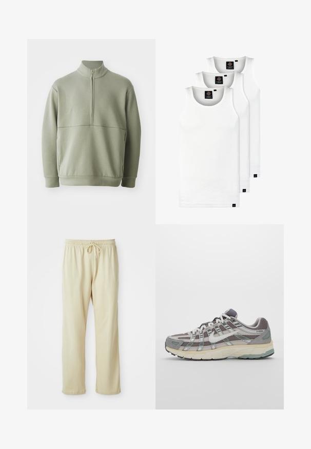 Világos zöld, hosszú ujjú pulóver magas gallérral és fél cipzárral. Puha tapintású, a mellkas fölött vízszintes varrási részlettel.; Három fehér csíkos pamut trikó. Felső része kerek nyakkivágású, és a szegély közelében kis fekete címkék találhatók. Több méretben elérhető.; Világos bézs szabadidőnadrág, húzózsinórral a deréknál, fokozatosan szűkülő lábakkal és puha tapintással. Diszkrét márka logóval a láb alsó részén.; Szürke sportcipő, hálós és velúr felsőrésszel, fehér részletekkel, párnázott talppal és jellegzetes dizájnnal, amely visszaverő elemeket tartalmaz.