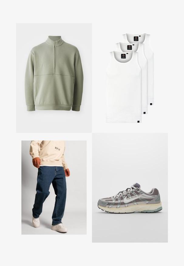 Svetlozelený, dlhý rukáv pulóver s vysokým golierom a polovičným zipsom. Mäkká textúra s horizontálnym švom cez hruď.; Tri biele rebrované tielka vyrobené z bavlny. Majú okrúhly výstrih a malé čierne štítky pri leme. Dostupné v rôznych veľkostiach.; Modré denimové nohavice so voľným strihom, s bežným zipsom a kontrastným šitím, v kombinácii s krémovými teniskami a svetlo béžovou mikinou.; Šedá športová obuv so zvrškom z nylonu a semišu, bielymi akcentmi, polstrovanou podrážkou a jedinečným dizajnom s reflexnými prvkami.