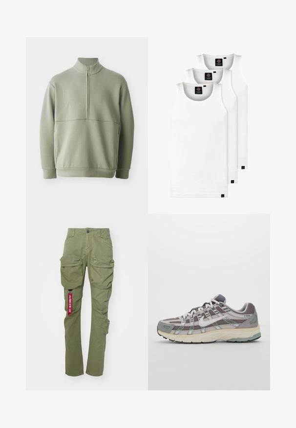 Jasnozielony, długi sweter z długim rękawem, o wysokim kołnierzu i pół-zamkiem. Miękka tekstura z poziomym szwem na wysokości klatki piersiowej.; Trzy białe prążkowane koszulki na ramiączkach wykonane z bawełny. Posiadają okrągły dekolt i małe czarne metki blisko dolnego brzegu. Dostępne w różnych rozmiarach.; Alpha Industries - Bojówki; Szare buty sportowe z siateczkowym i zamszowym wierzchem, białymi akcentami, amortyzowaną podeszwą oraz charakterystycznym designem z elementami odblaskowymi.