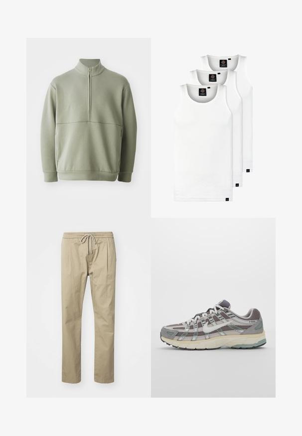 Light green, long-sleeve pullover with a high collar and half zipper. Soft texture with a horizontal seam detail across the chest.; Three white ribbed tank tops made of cotton. Features a crew neck and small black labels near the hem. Available in multiple sizes.; Beige chinos made of cotton blend, featuring an elastic waistband with a drawstring, and side pleats for added comfort and style.; Gray athletic shoe featuring a mesh and suede upper, white accents, a cushioned sole, and a distinctive design with reflective elements.