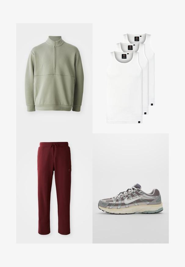 Jasnozielony, długi sweter z długim rękawem, o wysokim kołnierzu i pół-zamkiem. Miękka tekstura z poziomym szwem na wysokości klatki piersiowej.; Trzy białe prążkowane koszulki na ramiączkach wykonane z bawełny. Posiadają okrągły dekolt i małe czarne metki blisko dolnego brzegu. Dostępne w różnych rozmiarach.; Bordowe dresy wykonane z miękkiego materiału, z regulowanym ściągaczem w pasie oraz boczną kieszenią z naszywką z logo.; Szare buty sportowe z siateczkowym i zamszowym wierzchem, białymi akcentami, amortyzowaną podeszwą oraz charakterystycznym designem z elementami odblaskowymi.