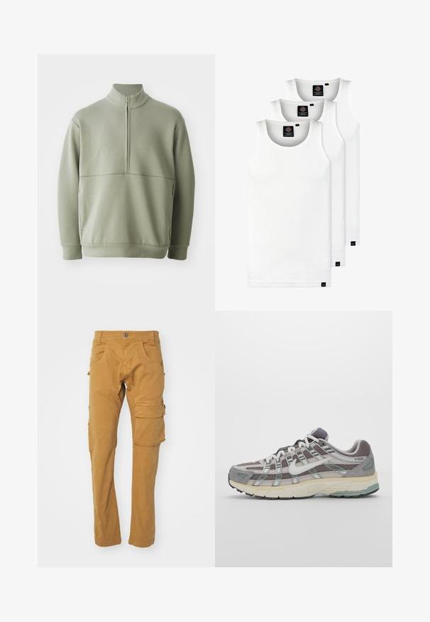 Lys grønn, langermet genser med høy krage og halv glidelås. Myk tekstur med horisontal sømdetalj over brystet.; Tre hvite ribbestrikkede tank topper laget av bomull. Har en rund hals og små svarte etiketter nær kanten. Tilgjengelig i flere størrelser.; Cargo bukser i en tan-farge, laget av myk bomull, med flere lommer, rette ben og knappelukking. Enkel tekstur.; Grå treningssko med overdel i nett og semsket skinn, hvite detaljer, en polstret såle, og et særpreget design med reflekterende elementer.