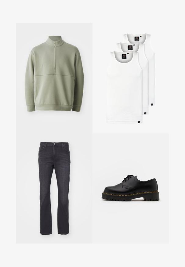 Suéter de manga larga verde claro con un cuello alto y media cremallera. Textura suave con un detalle de costura horizontal en el pecho.; Tres camisetas sin mangas de algodón de color blanco con canalé. Cuentan con cuello redondo y pequeñas etiquetas negras cerca del dobladillo. Disponibles en múltiples tamaños.; Jeans de mezclilla oscura con un diseño de pierna recta, que presentan un estilo clásico de cinco bolsillos y un cierre de un botón en la cintura.; Zapato negro de cuero con cordones, punta redondeada, suela de goma texturizada y costuras amarillas alrededor de la base. Diseño plano y acabado suave.