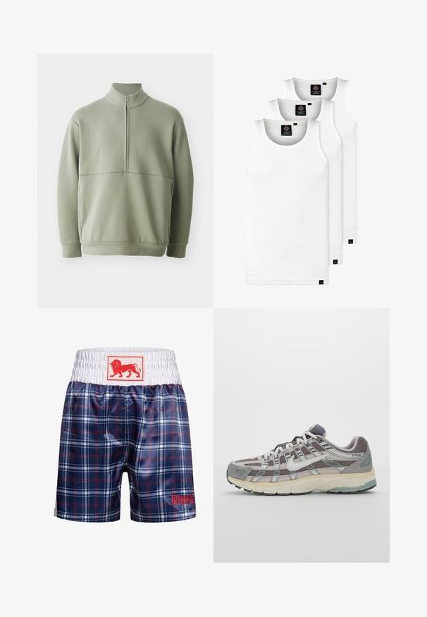 Light green, long-sleeve pullover with a high collar and half zipper. Soft texture with a horizontal seam detail across the chest.; Three white ribbed tank tops made of cotton. Features a crew neck and small black labels near the hem. Available in multiple sizes.; Blue plaid swim shorts with a white elastic waistband and red lion logo patch. Features red and white check pattern for a sporty look.; Gray athletic shoe featuring a mesh and suede upper, white accents, a cushioned sole, and a distinctive design with reflective elements.