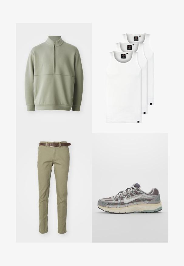 Heledad rohelise, pika varrukaga kootud särk kõrge kraega ja pooltaskuga. Pehme tekstuur, millel on horisontaalne õmbluse detail rinnaosas.; Kolm valget ribaga t-särki, mis on valmistatud puuvillast. Omavad ümmargust kaelanõhku ja väikseid musti silte hemme lähedal. Saadaval erinevates suurustes.; Olive roheline puuvillane püksid, kitsas lõige, pruun nahkline vöö. Sile tekstuur, nähtavad mustrid või aksessuaarid puuduvad.; Hallus hallitus jalanõud, millel on võrgust ja sametist ülemine osa, valged rõhutused, pehme tald ning eristuv disain peegelduvate elementidega.