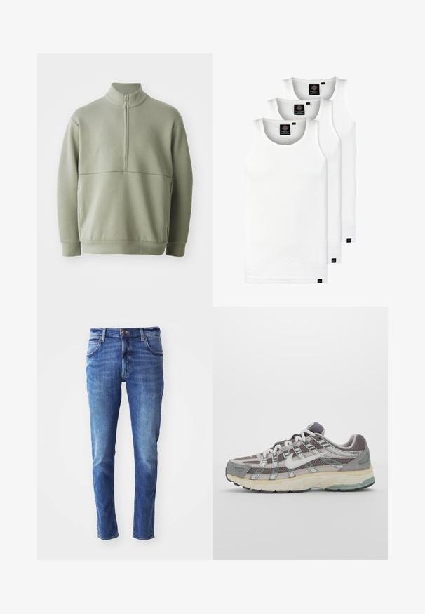 Svetlo zeleni pulover z dolgimi rokavi, visokim ovratnikom in polnim zadrgo. Mehak material z vodoravno šivano podrobnostjo čez prsi.; Tri bele rebraste majice brez rokavov iz bombaža. Imajo okroglo izreza in majhne črne etikete blizu roba. Na voljo v več velikostih.; Modre kavbojke s ožjim krojem, obliko s petimi žepi in rahlim zbledelostjo. Imajo blagovno znamko na gumbu in zadrgo.; Sive športne čevlje z zgornjim delom iz mrežastega in semiš materiala, belimi akcenti, oblazinjenim podplatom ter edinstvenim dizajnom z odsevnimi elementi.