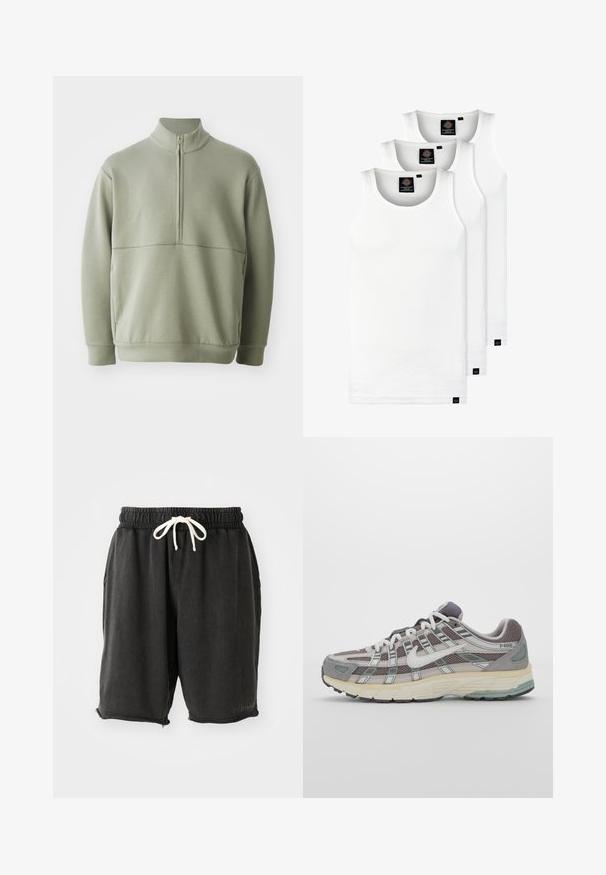 Vaaleanvihreä pitkähihainen neulepusero, jossa on korkea kaulus ja puoli vetoketju. Pehmeä pinta ja vaakasuora sauman yksityiskohta rinnassa.; Kolme valkoista ribbitekstiilistä toppia, jotka on valmistettu puuvillasta. Ominaisuuksiin kuuluu pyöreä pääntie ja pieni musta etiketti helman lähellä. Saatavilla useissa kooissa.; Mustat puuvillashortsit, joissa on joustava vyötärö ja valkoinen naru. Sisältää sivutaskut ja viimeistelemättömän helman, jossa on pieniä vetoketjudetailia.; Harmaa urheilukenkä, jossa on verkko- ja mokkanahkainen yläosa, valkoiset yksityiskohdat, pehmustettu pohja ja erottuva muotoilu heijastavilla elementeillä.