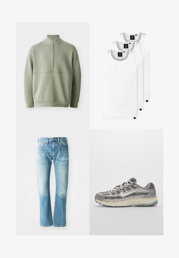 Heledad rohelise, pika varrukaga kootud särk kõrge kraega ja pooltaskuga. Pehme tekstuur, millel on horisontaalne õmbluse detail rinnaosas.; Kolm valget ribaga t-särki, mis on valmistatud puuvillast. Omavad ümmargust kaelanõhku ja väikseid musti silte hemme lähedal. Saadaval erinevates suurustes.; Heledsinine denimpüksid otsejalaga disainiga, millel on viis taskut ja kulumismärgid, lõpetatud klassikalise lukuga ja nupuga. ; Hallus hallitus jalanõud, millel on võrgust ja sametist ülemine osa, valged rõhutused, pehme tald ning eristuv disain peegelduvate elementidega.