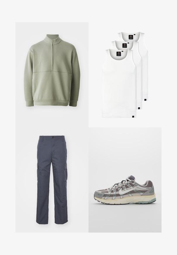 Svetlozelený, dlhý rukáv pulóver s vysokým golierom a polovičným zipsom. Mäkká textúra s horizontálnym švom cez hruď.; Tri biele rebrované tielka vyrobené z bavlny. Majú okrúhly výstrih a malé čierne štítky pri leme. Dostupné v rôznych veľkostiach.; Cargo nohavice z tmavo šedej tkaniny, s širokými nohavicami, viacerými bočnými vreckami a zapínaním na gombík v pase. Hladká textúra a robustný dizajn.; Šedá športová obuv so zvrškom z nylonu a semišu, bielymi akcentmi, polstrovanou podrážkou a jedinečným dizajnom s reflexnými prvkami.