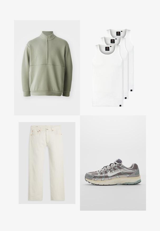 Svetlo zeleni pulover z dolgimi rokavi, visokim ovratnikom in polnim zadrgo. Mehak material z vodoravno šivano podrobnostjo čez prsi.; Tri bele rebraste majice brez rokavov iz bombaža. Imajo okroglo izreza in majhne črne etikete blizu roba. Na voljo v več velikostih.; Beli jeans z ravnim nogavicama, srebrnim gumbom za zapiranje, oranžnim šivanjem in petimi žepi. Tkanina ima gladko teksturo.; Sive športne čevlje z zgornjim delom iz mrežastega in semiš materiala, belimi akcenti, oblazinjenim podplatom ter edinstvenim dizajnom z odsevnimi elementi.