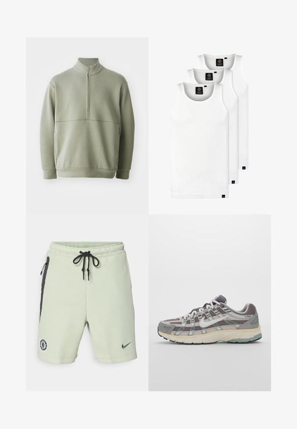 Light green, long-sleeve pullover with a high collar and half zipper. Soft texture with a horizontal seam detail across the chest.; Three white ribbed tank tops made of cotton. Features a crew neck and small black labels near the hem. Available in multiple sizes.; Light green sweat shorts with black accents, drawstring waist, side pockets, and embroidered Chelsea FC logo. Made from soft fabric.; Gray athletic shoe featuring a mesh and suede upper, white accents, a cushioned sole, and a distinctive design with reflective elements.