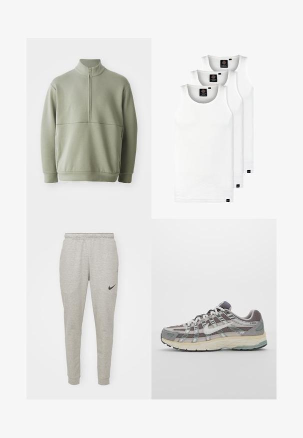 Light green, long-sleeve pullover with a high collar and half zipper. Soft texture with a horizontal seam detail across the chest.; Three white ribbed tank tops made of cotton. Features a crew neck and small black labels near the hem. Available in multiple sizes.; Light grey sweatpants made from soft cotton blend, featuring a tapered design, elastic waistband, and a black Nike logo on the left thigh.; Gray athletic shoe featuring a mesh and suede upper, white accents, a cushioned sole, and a distinctive design with reflective elements.