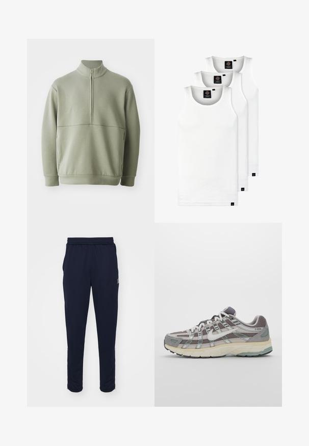 Világos zöld, hosszú ujjú pulóver magas gallérral és fél cipzárral. Puha tapintású, a mellkas fölött vízszintes varrási részlettel.; Három fehér csíkos pamut trikó. Felső része kerek nyakkivágású, és a szegély közelében kis fekete címkék találhatók. Több méretben elérhető.; Tengerészkék sportnadrág elasztikus derékkal, oldalzsebekkel és cipzáras szegőkkel. Simább, rugalmas anyagból készült.; Szürke sportcipő, hálós és velúr felsőrésszel, fehér részletekkel, párnázott talppal és jellegzetes dizájnnal, amely visszaverő elemeket tartalmaz.