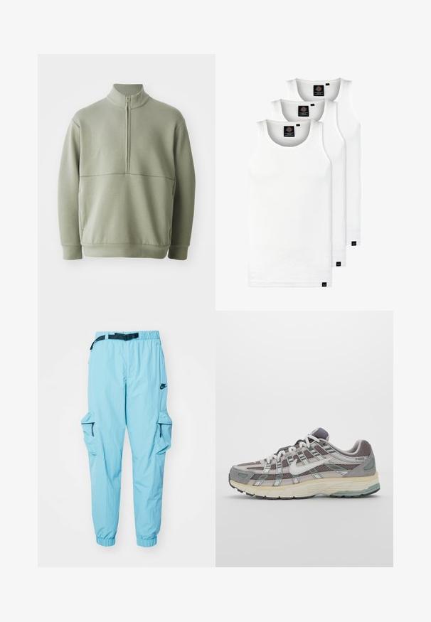 Pulover lung cu mânecă lungă, de culoare verde deschis, cu guler înalt și fermoar pe jumătate. Textură moale cu un detaliu de cusătură orizontală pe piept.; Trei maieuri albe ribbate din bumbac. Au un guler rotund și etichete negre mici lângă tiv. Disponibile în mai multe mărimi.; Nike Sportswear TECH WOVEN - Pantaloni cargo - denim turquoise/black; Pantofii sport gri sunt realizați dintr-un amestec de plasă și piele întoarsă, cu accente albe, o talpă bine îmbrăcată și un design distinctiv cu elemente reflectorizante.