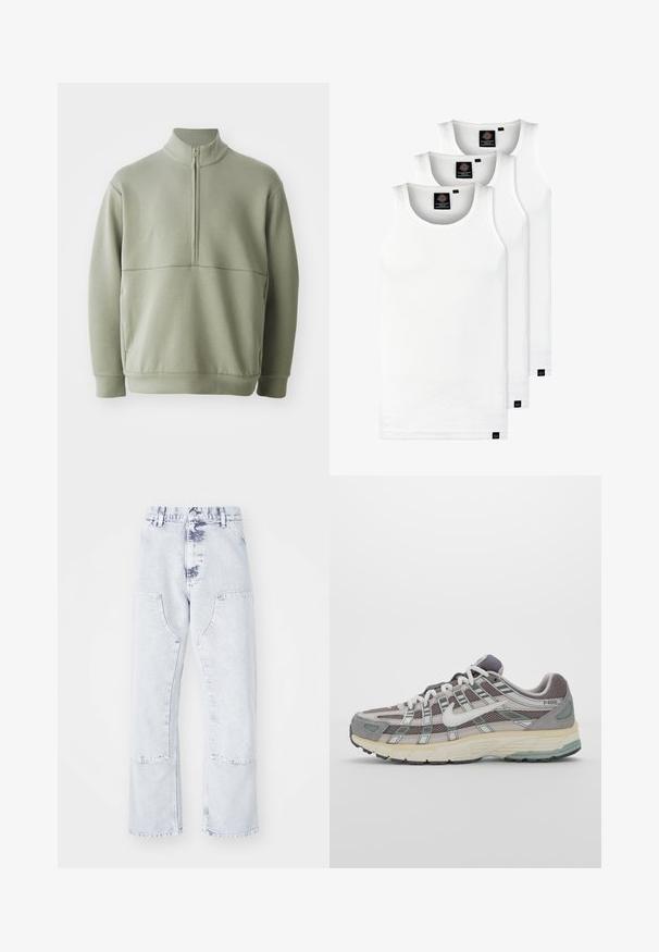 Lichtgroene, langslijve pullover met een hoge kraag en een halve rits. Zachte textuur met een horizontale naaddetails over de borst.; Drie witte geribde tanktops van katoen. Kenmerken zijn een ronde hals en kleine zwarte labels nabij de zoom. Verkrijgbaar in meerdere maten.; Lichtblauwe denim jeans met rechte pijpen, patchzakken, hoge taille en een vervaagd uiterlijk. Voorzien van ton-sur-ton stiksels en een relaxte pasvorm.; Grijze sportieve schoen met een bovenwerk van mesh en suede, witte accenten, een gevoerde zool en een onderscheidend ontwerp met reflecterende elementen.