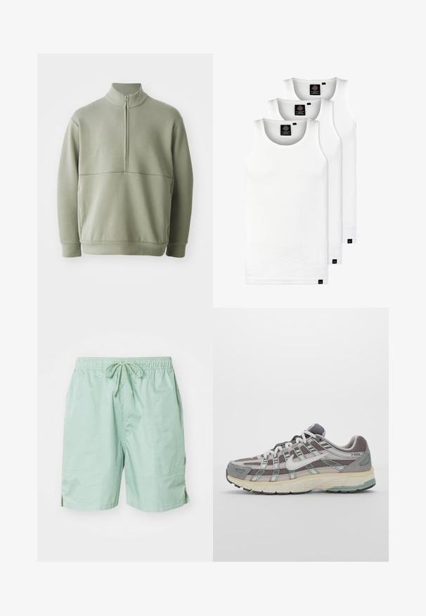 Gaiši zaļš, garām piedurknēm, džemperis ar augstu apkakli un pusi rāvējslēdzēju. Mīksta tekstūra ar horizontālu šuvju detaļu krūšu rajonā.; Trīs baltas ribotas krūšturi, kas izgatavoti no kokvilnas. Iezīmēti ar apaļu kakla izgriezumu un maziem melniem etiķetēm tuvu apakšmalai. Pieejami vairākos izmēros.; Gaiza zaļa peldkostīmu bikses, kas izgatavotas no gludas auduma, ar elastīgu jostasvietu un aukliņu, sānu kabatām un īsu garumu.; Pelēkie sporta apavi ar tīkla un zamša augšdaļu, baltiem akcentiem, mīkstinātu zoli un izcilu dizainu ar atstarotājiem.