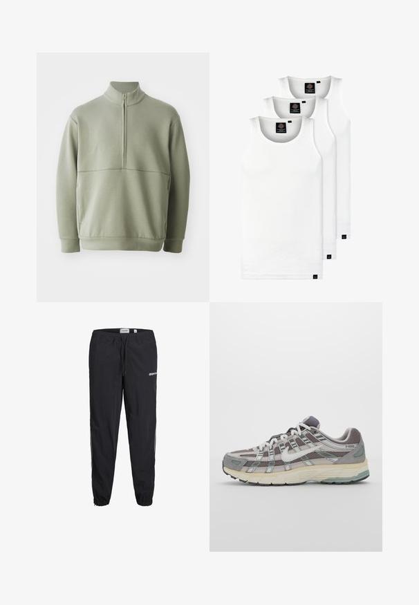 Light green, long-sleeve pullover with a high collar and half zipper. Soft texture with a horizontal seam detail across the chest.; Three white ribbed tank tops made of cotton. Features a crew neck and small black labels near the hem. Available in multiple sizes.; Black athletic pants with an elastic waistband, drawstring, and cuffed ankles. Features logo on the front and contrasting side stripes.; Gray athletic shoe featuring a mesh and suede upper, white accents, a cushioned sole, and a distinctive design with reflective elements.