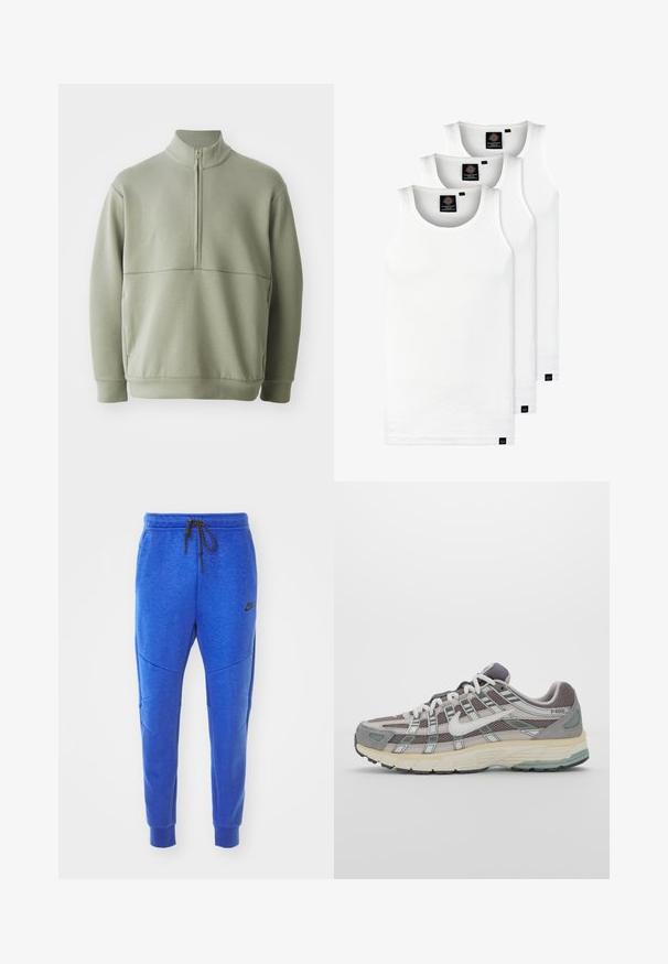 Pullover verde claro de mangas longas com colarinho alto e fecho de correr de meio comprimento. Textura suave com um detalhe de costura horizontal na zona do peito.; Três tops em algodão de alças brancas com nervuras. Apresentam um decote redondo e pequenas etiquetas pretas perto da bainha. Disponíveis em vários tamanhos.; Calças de treino Nike azuis com um tecido texturizado, pernas ajustadas, cintura elástica, fecho de cordão e bolsos laterais. Acento de logotipo preto.; Sapatilha atlética cinza com parte superior em malha e camurça, detalhes brancos, sola acolchoada e um design distinto com elementos refletivos.