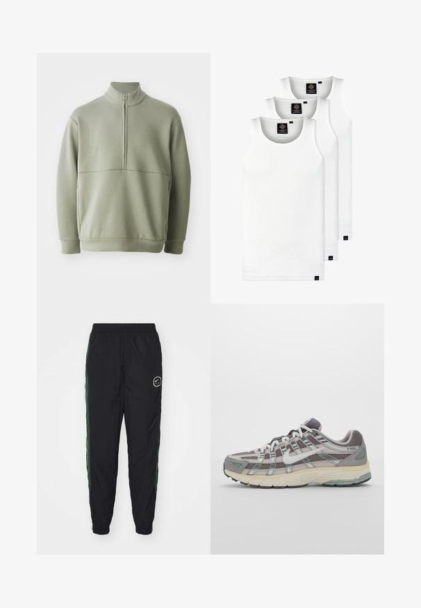 Pulover lung cu mânecă lungă, de culoare verde deschis, cu guler înalt și fermoar pe jumătate. Textură moale cu un detaliu de cusătură orizontală pe piept.; Trei maieuri albe ribbate din bumbac. Au un guler rotund și etichete negre mici lângă tiv. Disponibile în mai multe mărimi.; Pantaloni sport negri din material ușor, cu accente laterale verzi și un brâu elastic, având un mic logo alb pe partea stângă.; Pantofii sport gri sunt realizați dintr-un amestec de plasă și piele întoarsă, cu accente albe, o talpă bine îmbrăcată și un design distinctiv cu elemente reflectorizante.