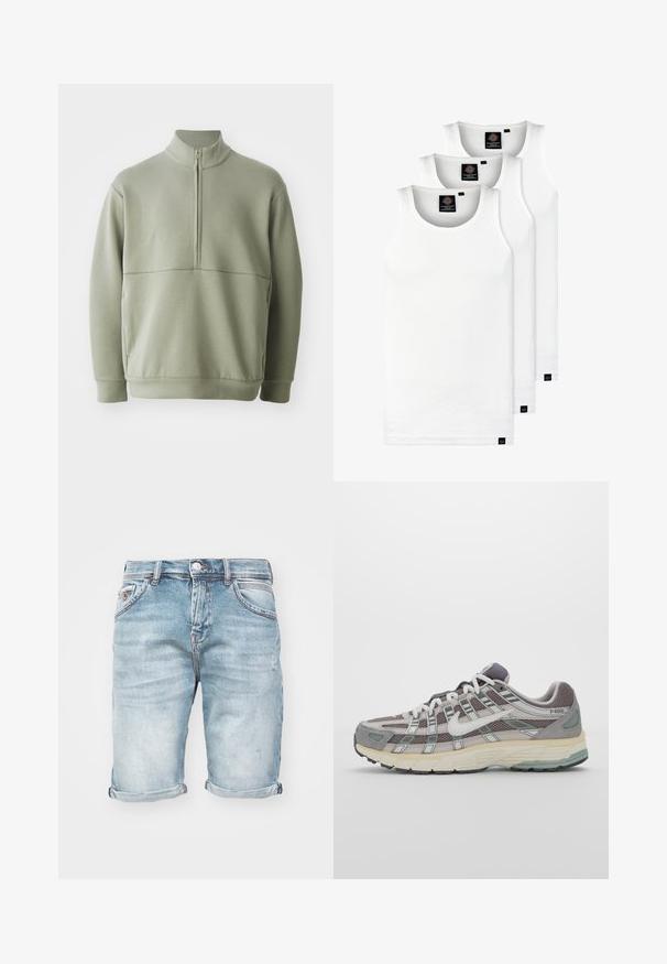Világos zöld, hosszú ujjú pulóver magas gallérral és fél cipzárral. Puha tapintású, a mellkas fölött vízszintes varrási részlettel.; Három fehér csíkos pamut trikó. Felső része kerek nyakkivágású, és a szegély közelében kis fekete címkék találhatók. Több méretben elérhető.; Világoskék farmer rövidnadrág, megkopott kivitelben, feltekerhető szegélyekkel, öt zsebből álló, fém gombos záródással, finom koptatással.; Szürke sportcipő, hálós és velúr felsőrésszel, fehér részletekkel, párnázott talppal és jellegzetes dizájnnal, amely visszaverő elemeket tartalmaz.